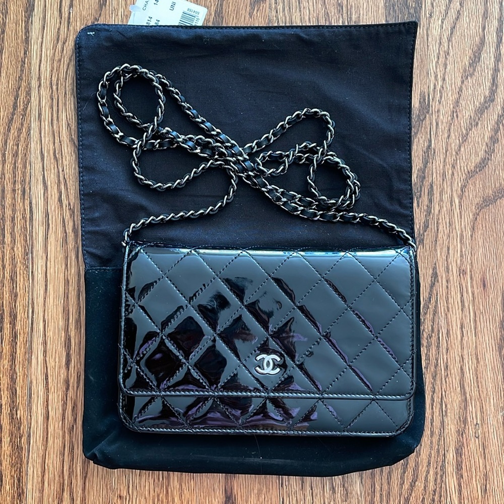 Chanel patent leather wallet on a chain